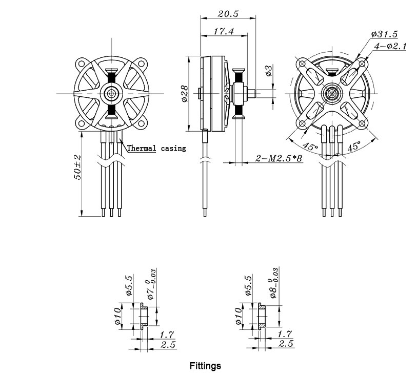 1500KV brushless motor for fixed wing drone dimension