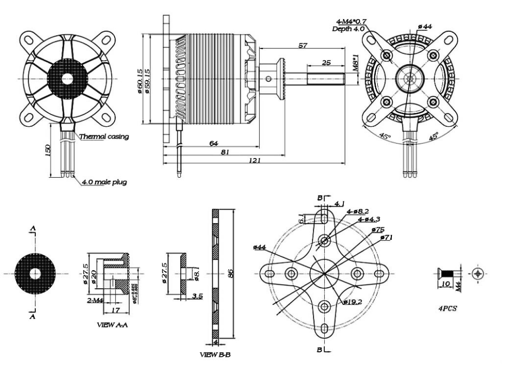 200KV brushless motor for drone dimension