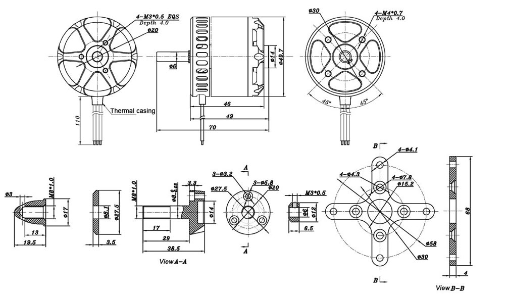 480KV brushless motor for fixed wing drone dimension