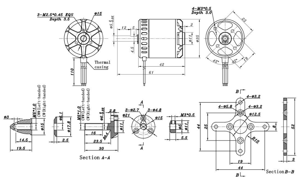 570KV Brushless motor for fixed wing drone dimension