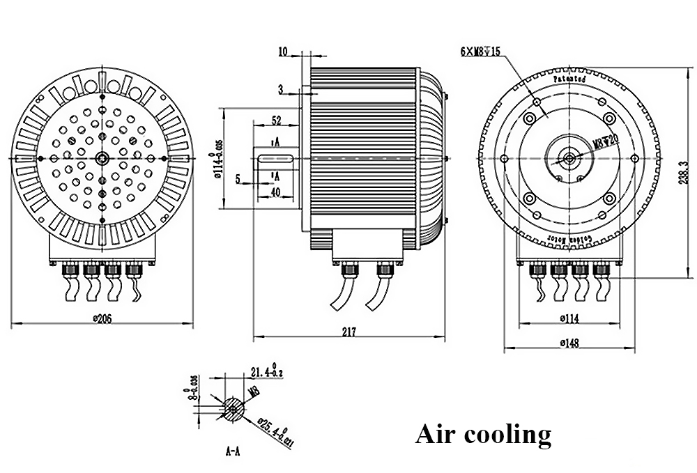 Dimension of 10kw air cooling bldc motor for vehicle