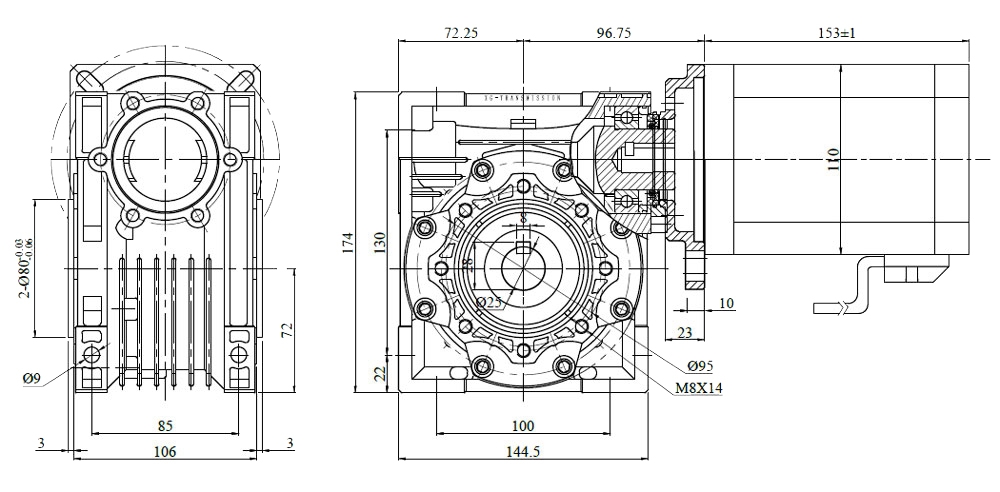 750W dc worm gear motor dimension