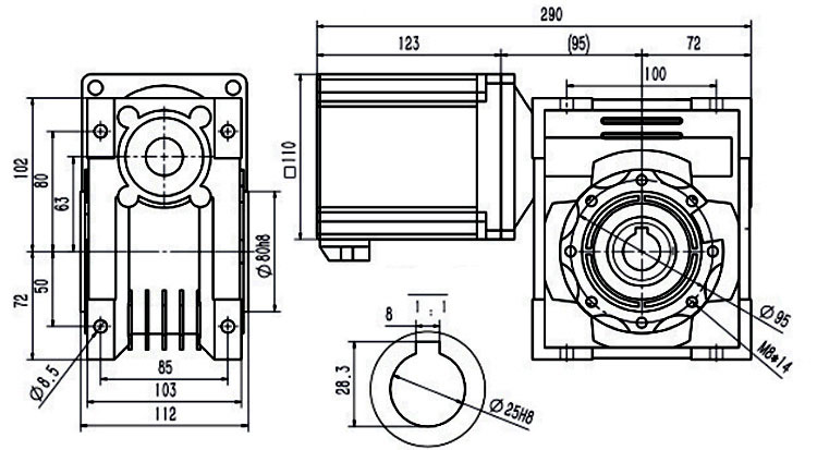 1000W dc worm gear motor dimension