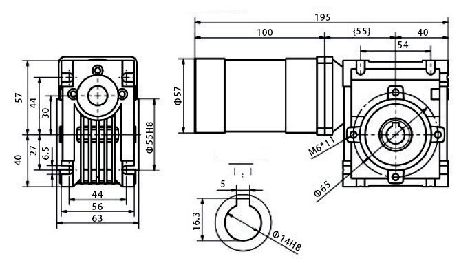 100W dc worm gear motor dimension