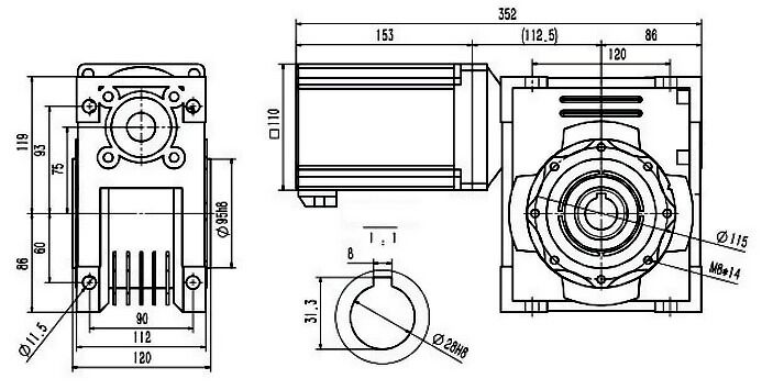 1500W dc worm gear motor dimension