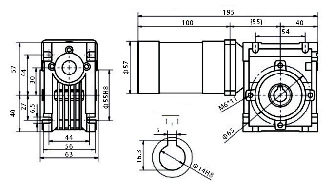150W dc worm gear motor dimension