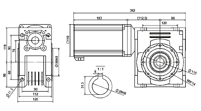 2000W dc worm gear motor dimension