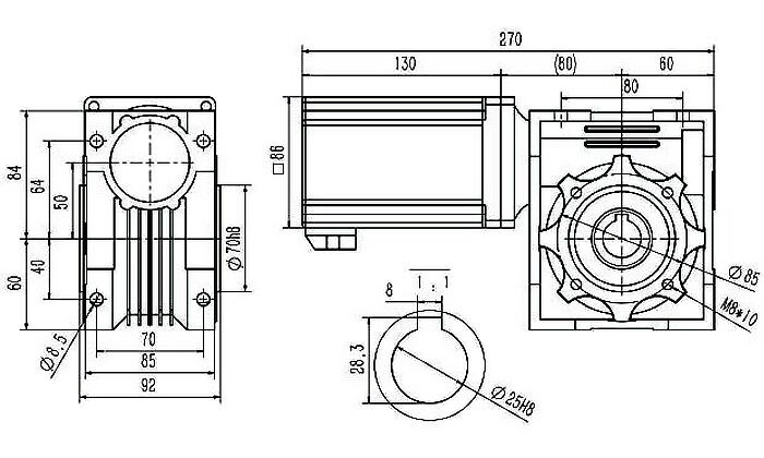 750W dc worm gear motor dimension
